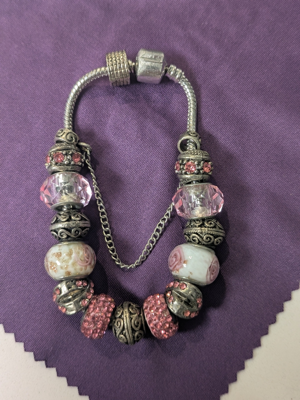 Pink Crystal & Floral Bead Women's Charm Bracelet